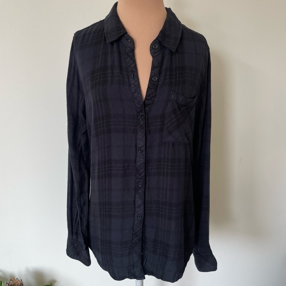 RAILS Hunter Plaid Relaxed Fit Rayon Long Sleeve Gray Black Button Down Shirt S